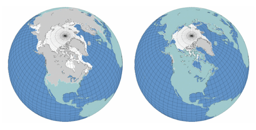 This graphic shows the average annual maximum and minimum snow cover in the Northern Hemisphere. Grey indicates snow cover and white shows sea ice cover, which in the winter would also be snow covered.
—Credit: NSIDC